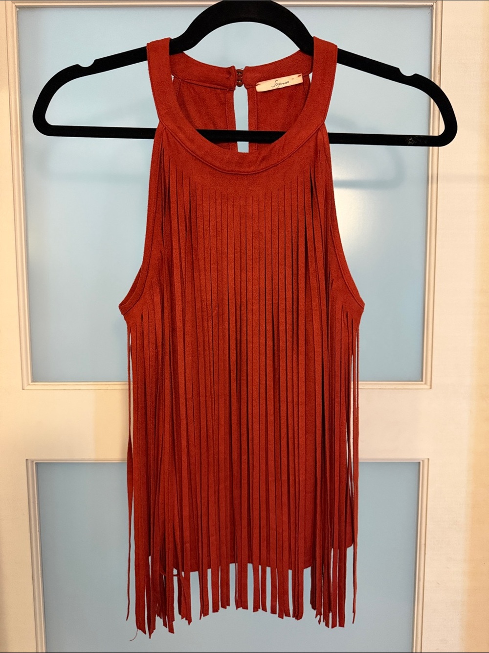Soprano Rust Fringe Halter Tank Top